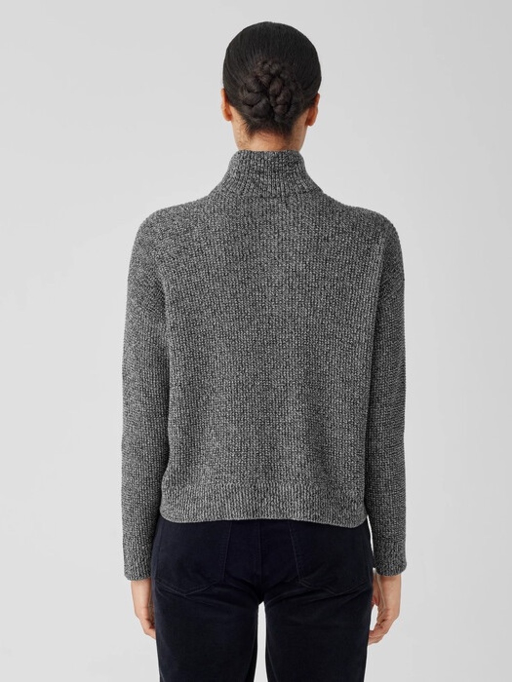 EILEEN FISHER Peruvian Organic Cotton High Collar Sweater Knit Cardigan Boxy L - Picture 3 of 11